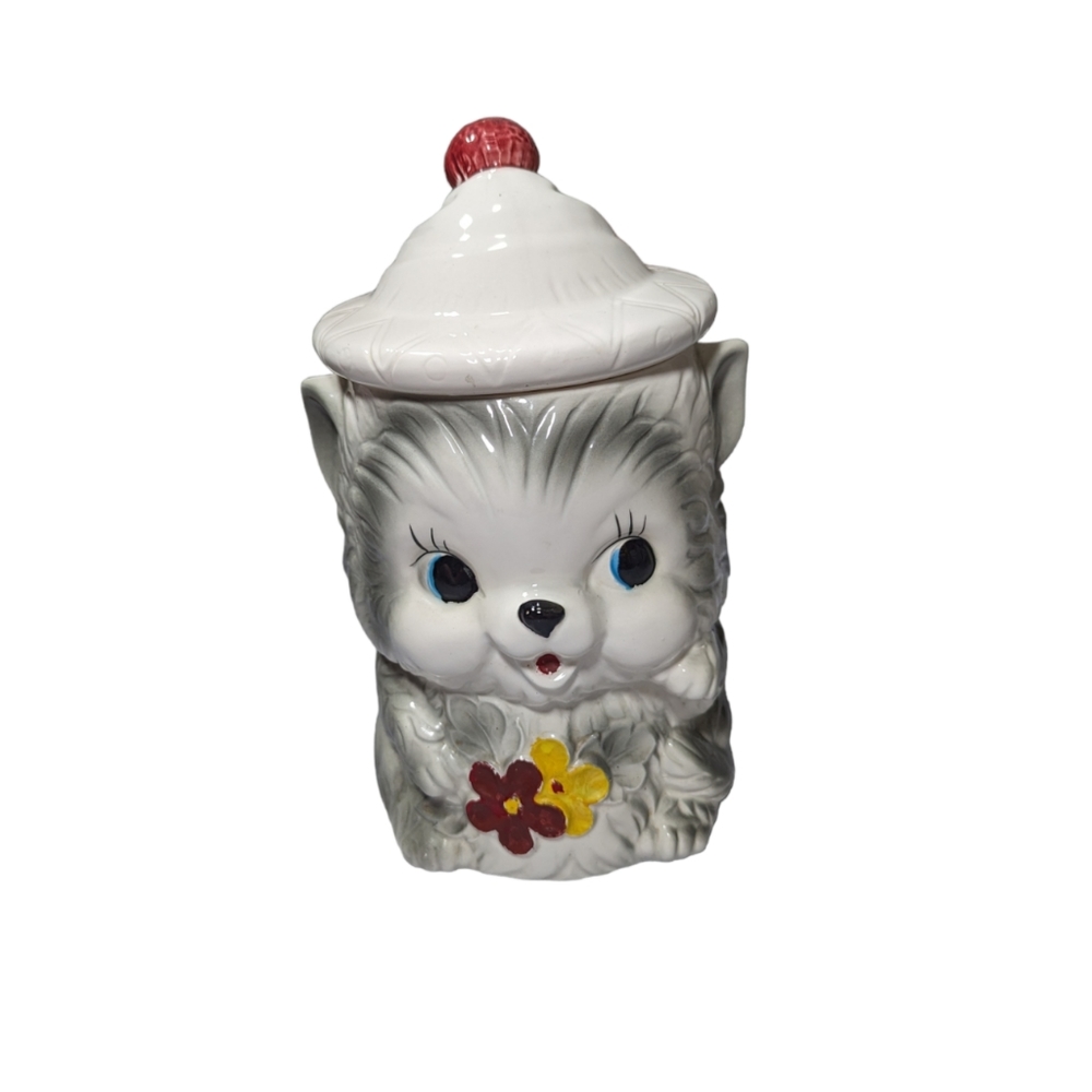 Vintage Gray Kitten Cat with Flowers Ceramic Cookie Jar Made in Japan